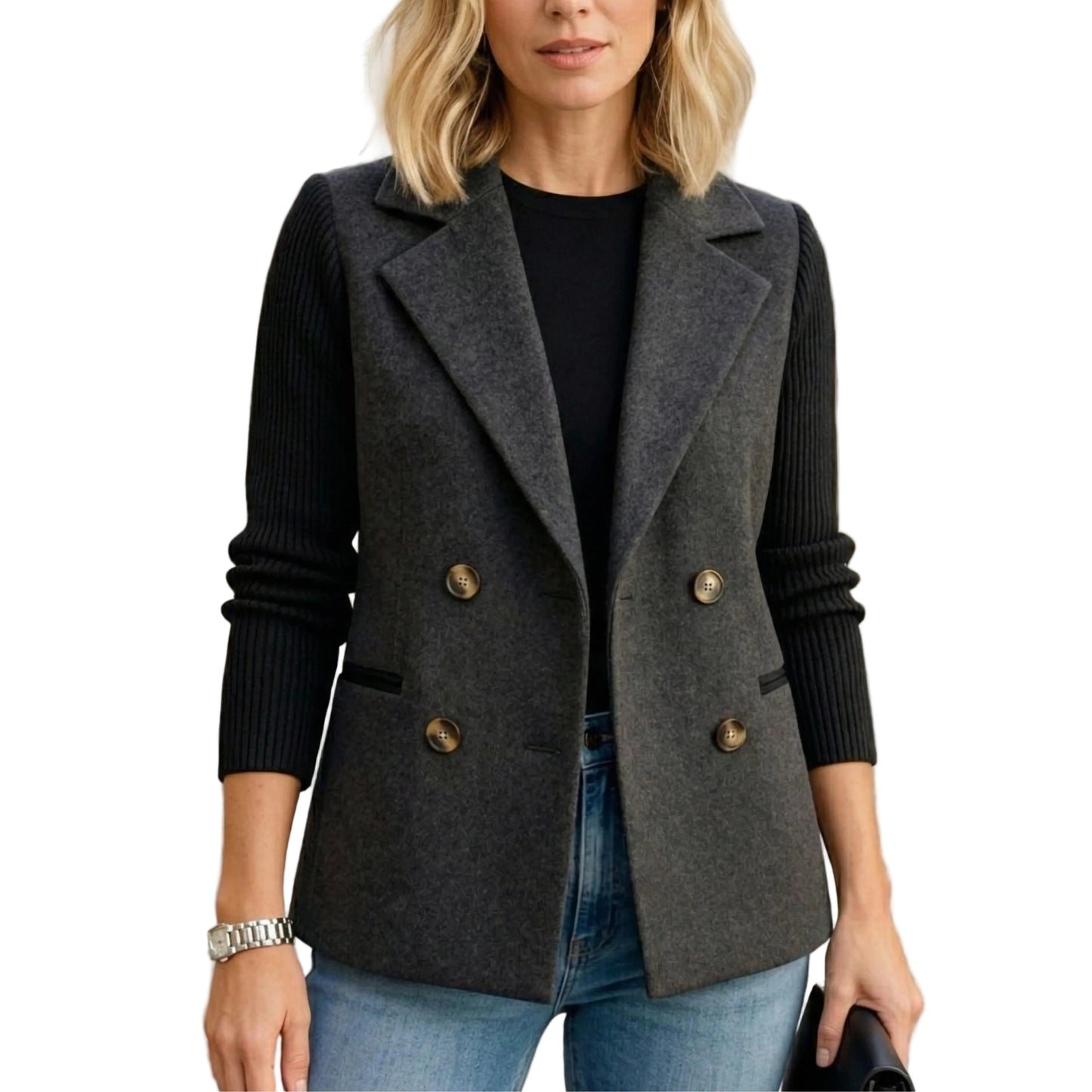 Women’s Double-Breasted Knit Blazer Jacket-Gilviro