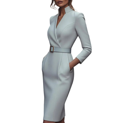 Women’s Belted Midi Dress V Neck Wrap Style-Gilviro