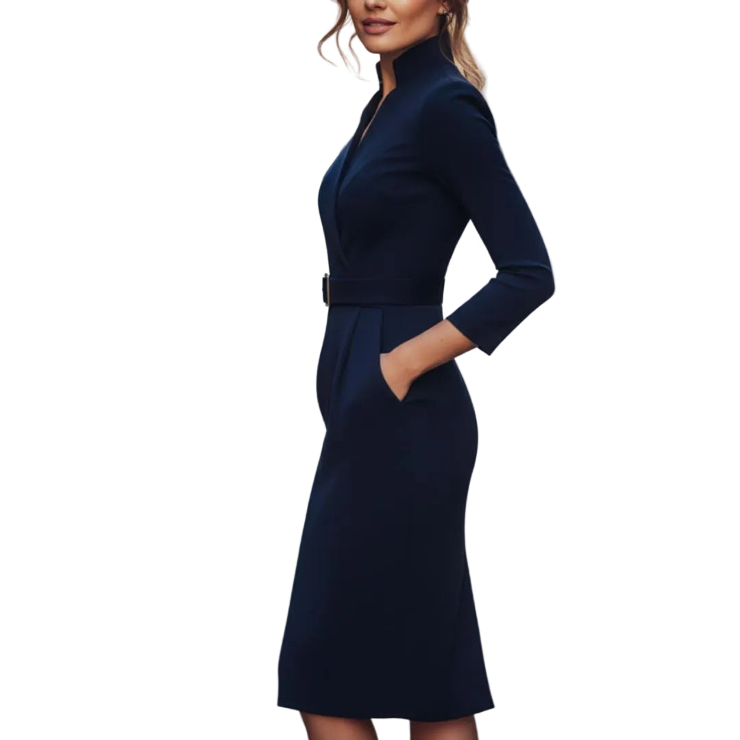 Women’s Belted Midi Dress V Neck Wrap Style-Gilviro