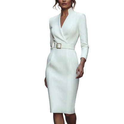 Women’s Belted Midi Dress V Neck Wrap Style-Gilviro