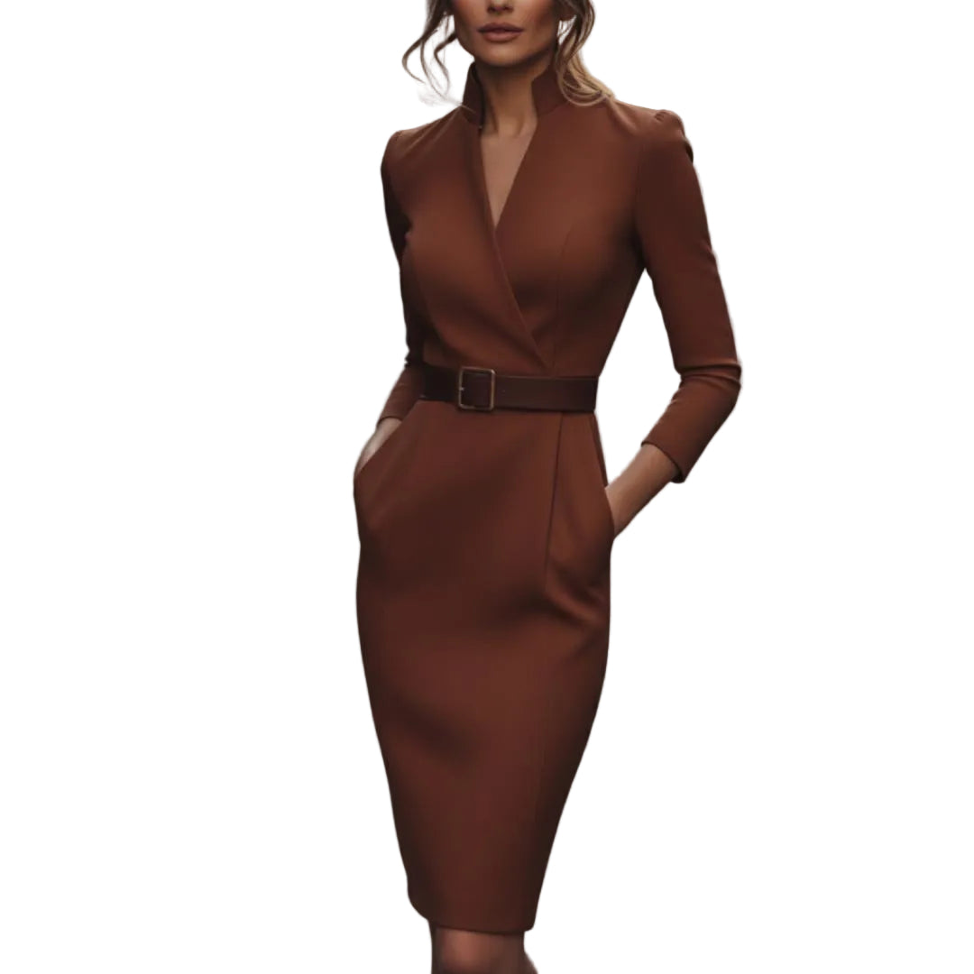 Women’s Belted Midi Dress V Neck Wrap Style-Gilviro