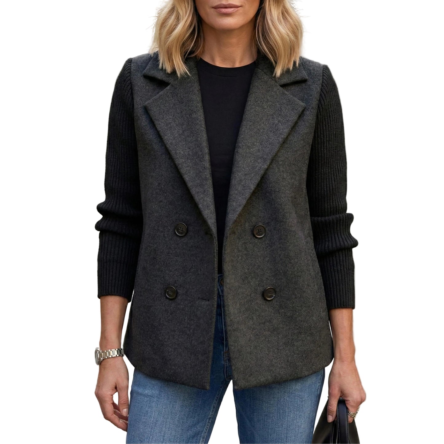 Women’s Double-Breasted Knit Blazer Jacket-Gilviro