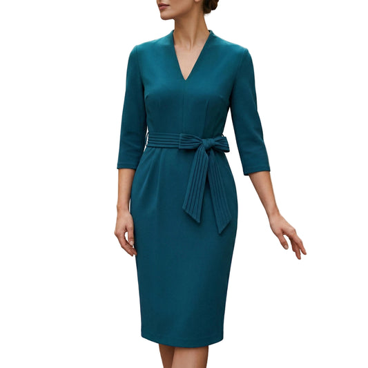 Women’s Midi V-Neck Belted Dress 3/4 Sleeve-Gilviro