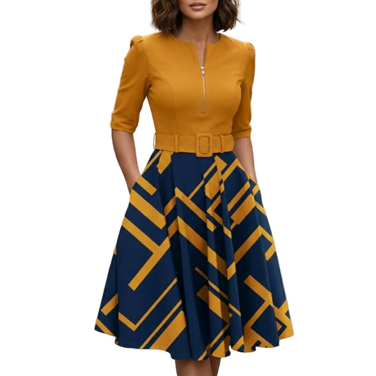 Women’s Midi Zip Front Belted Printed Dress-Gilviro